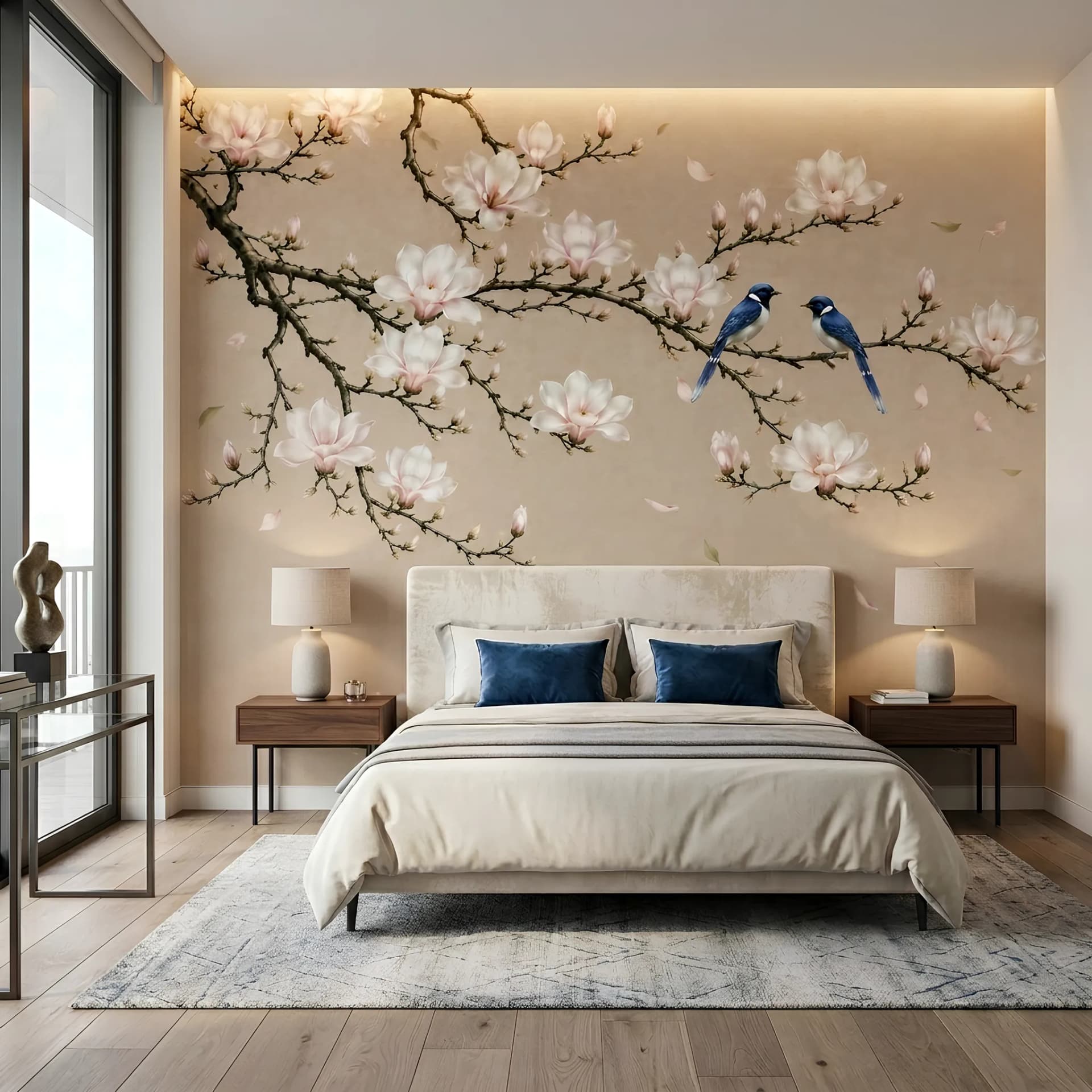 Salon duvar kağıdı — Doğa Manzaralı Çiçekli ve Kuşlu Modern Dijital Baskı Duvar Kağıdı