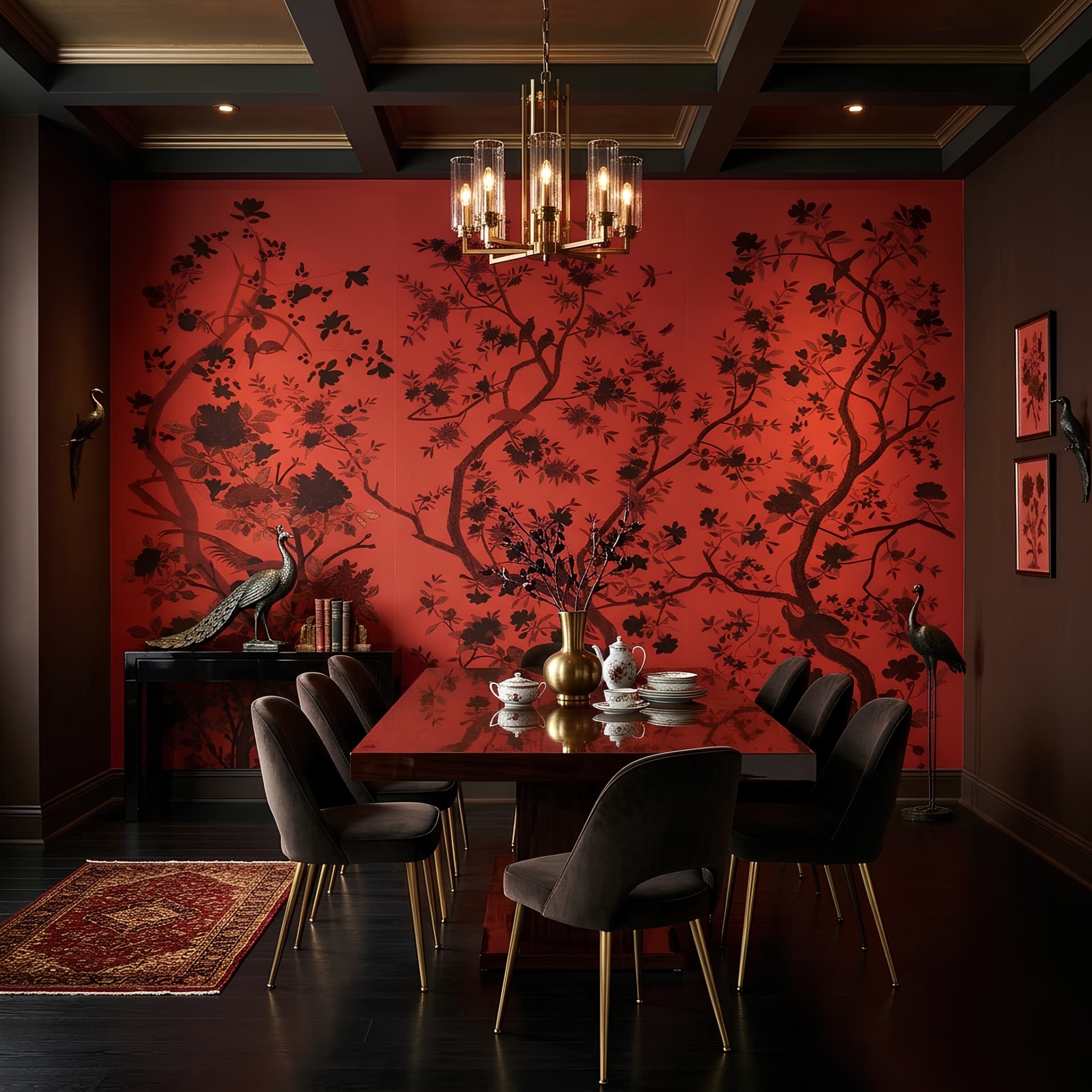 Kırmızı Siyah Kuş ve Ağaç Desenli Chinoiserie Retro Duvar Kağıdı