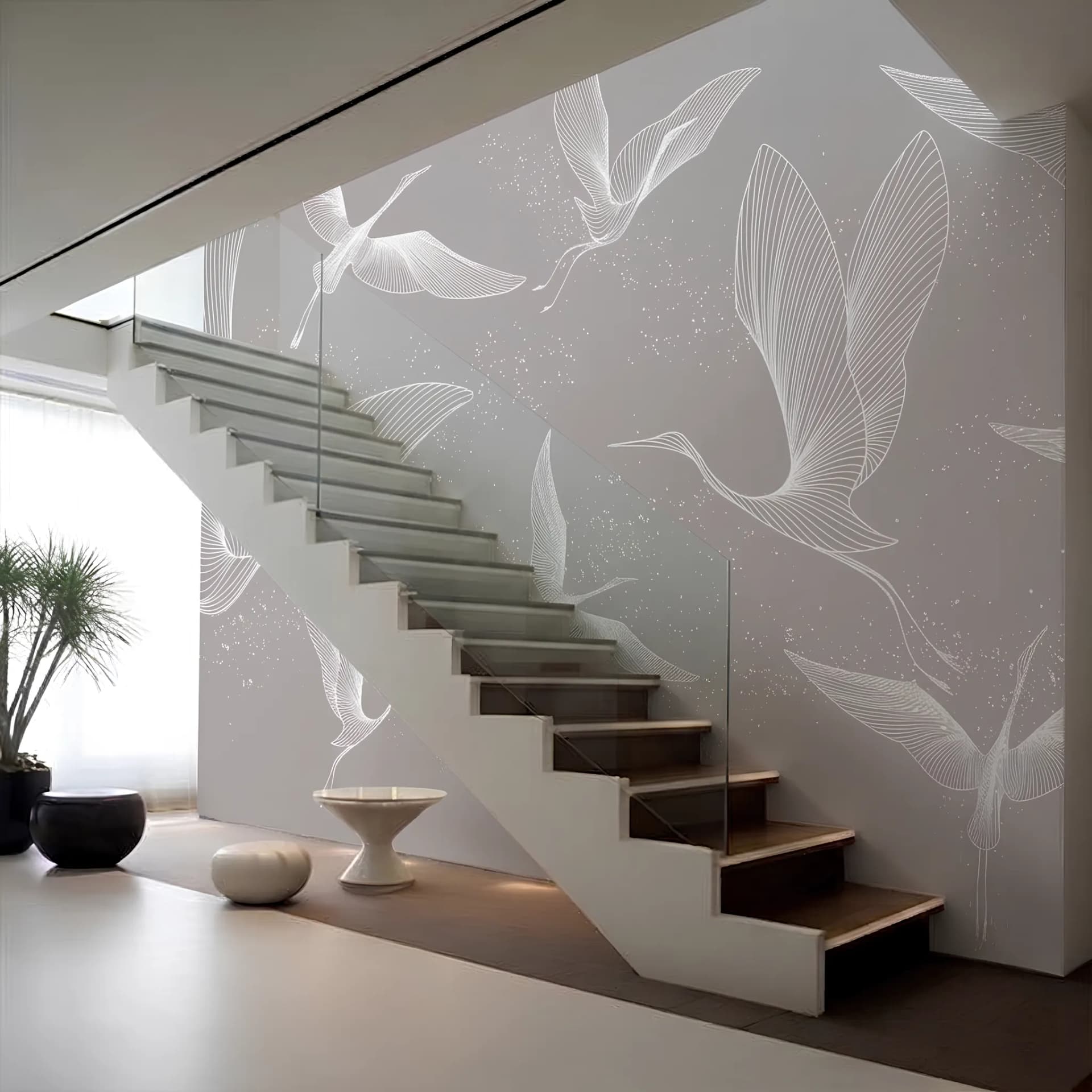 Yatak Odası duvar kağıdı — Minimalist Line Art Kuş Desenli Gri-Pudra Duvar Kağıdı
