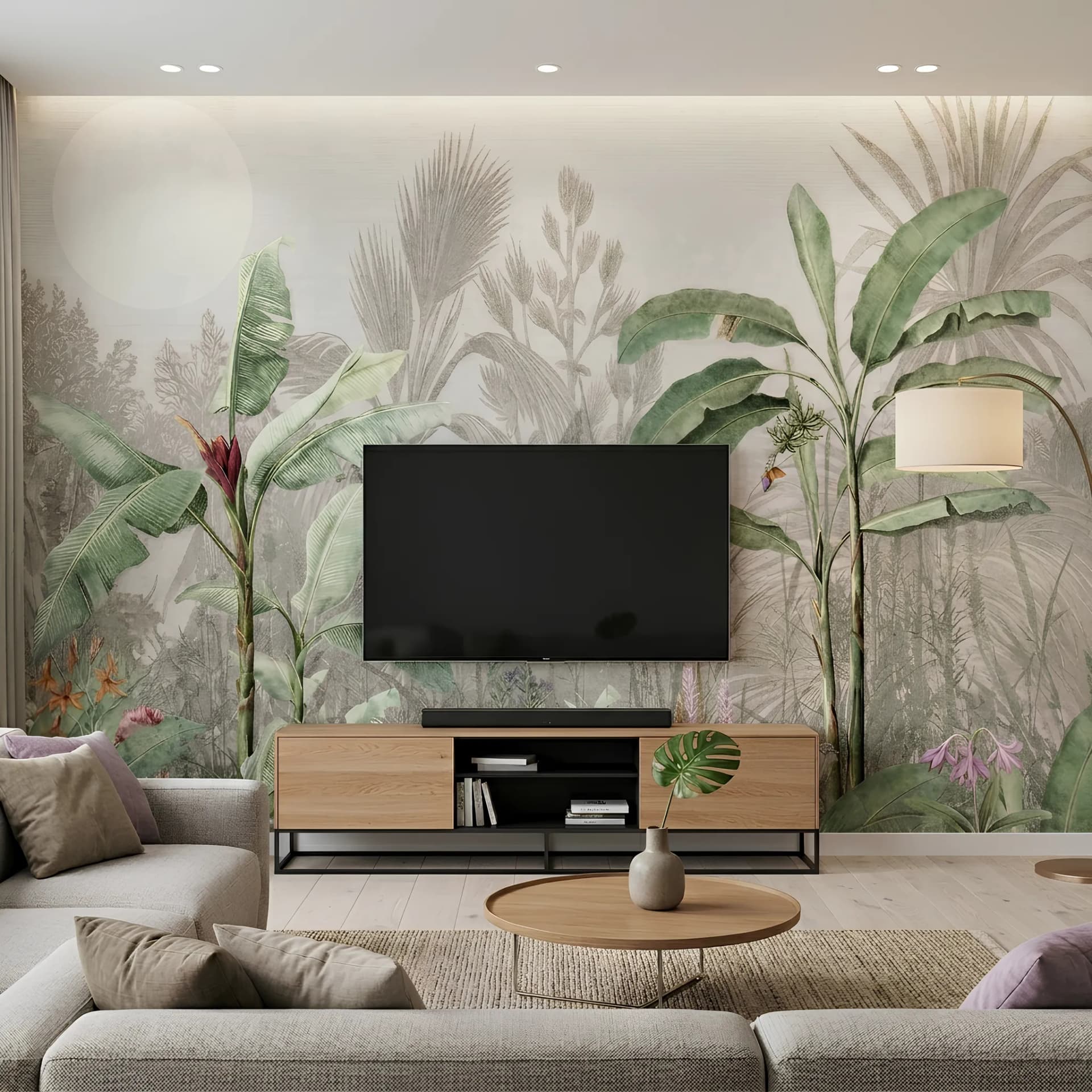 Salon duvar kağıdı — Modern Tropikal Manzara ve Botanik Çiçek Desenli Salon Duvar Kağıdı
