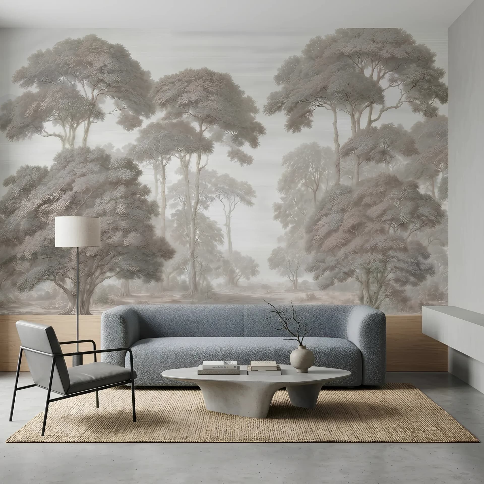Salon duvar kağıdı — Pastel Tonlu Ağaç Desenli Doğa Manzarası Tekstil Kağıdı