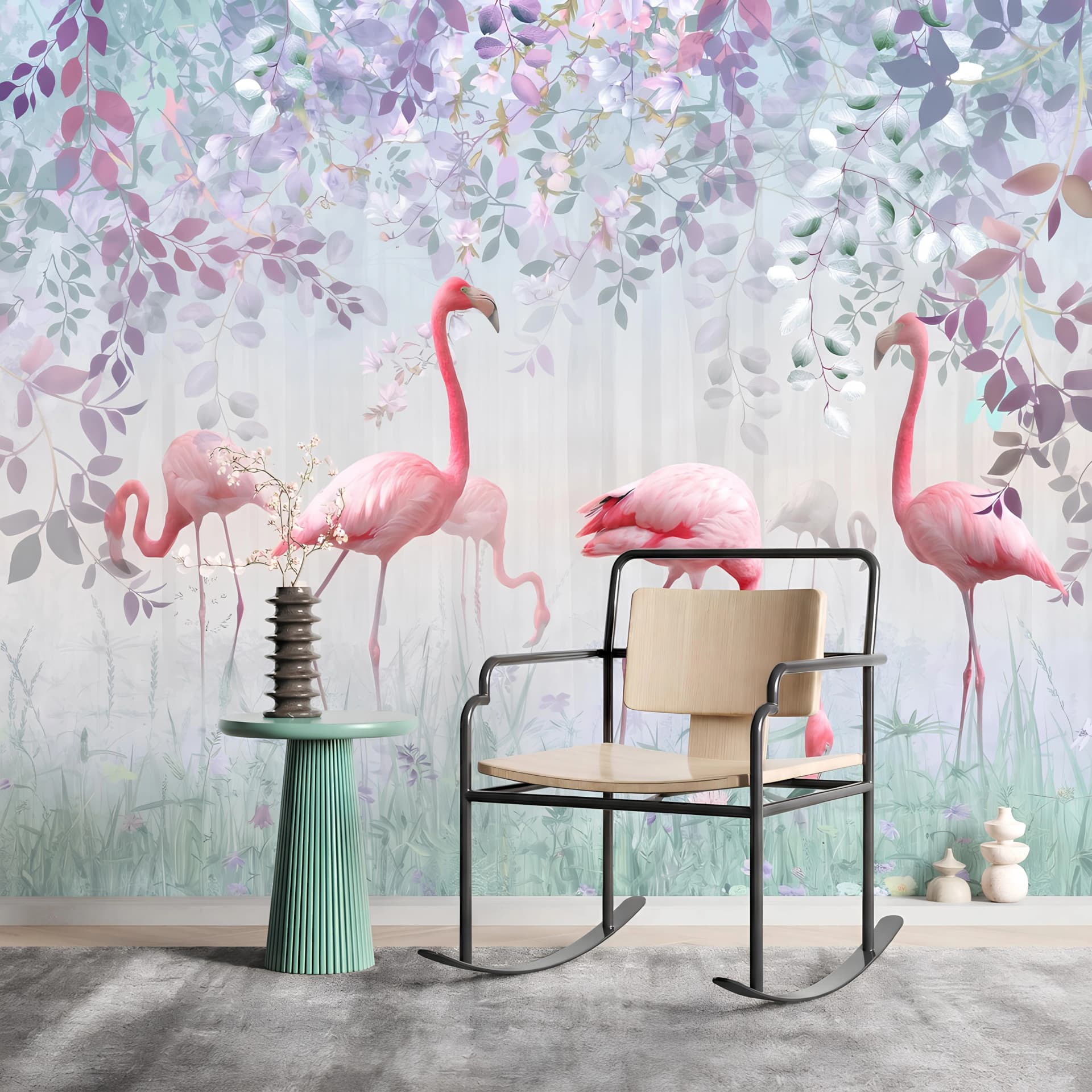 Yatak Odası duvar kağıdı — Pembe Flamingo ve Çiçek Dalları Temalı Özel Ölçü Duvar Kağıdı