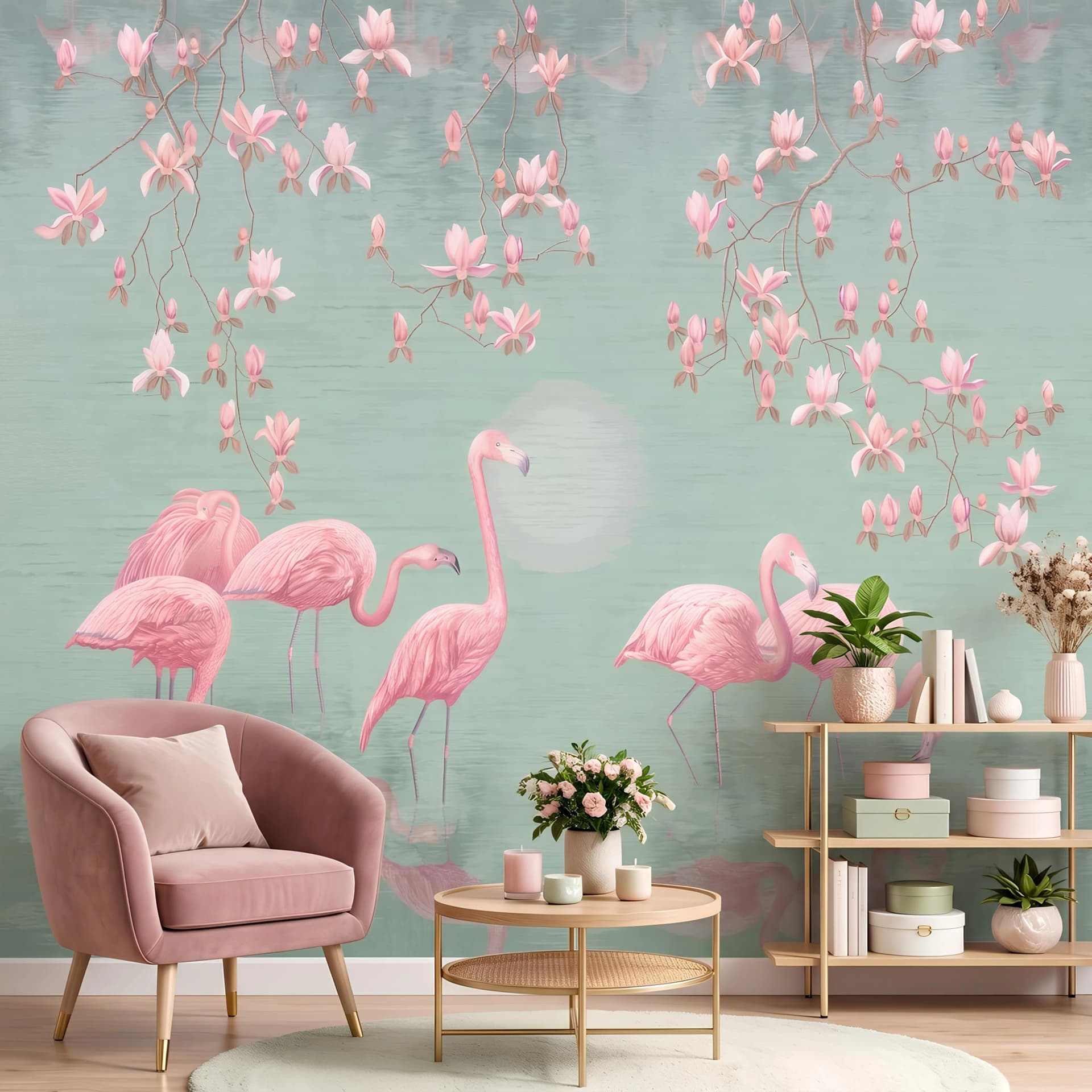 Yatak Odası duvar kağıdı — Pembe Flamingo ve Manolya Çiçekli Doğa Silinebilir Duvar Kağıdı