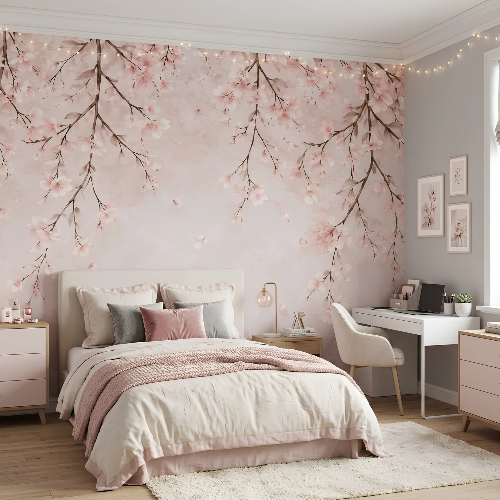Yatak Odası duvar kağıdı — Pudra Pembe Sakura Çiçekleri Premium Tekstil Duvar Kağıdı