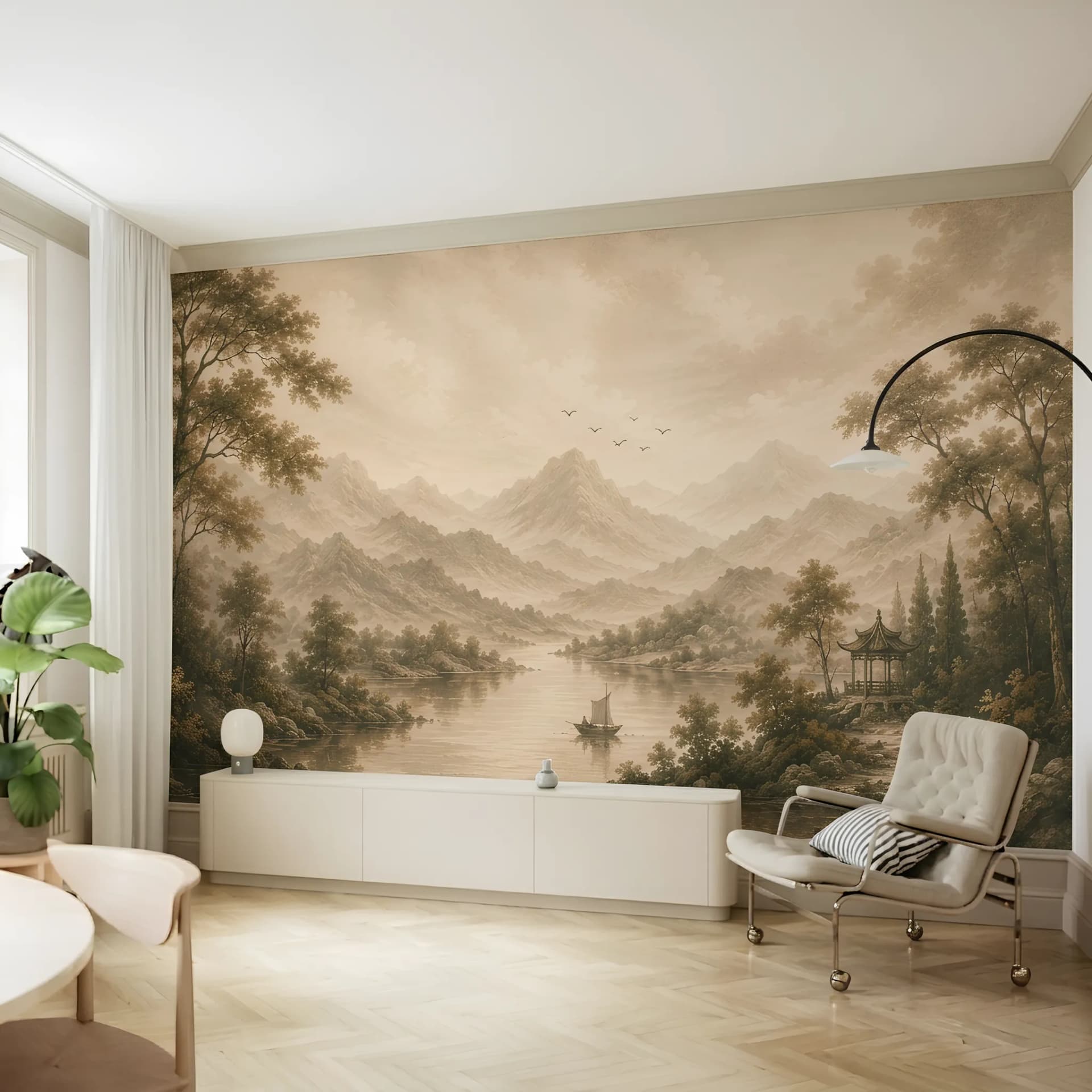 Salon duvar kağıdı — Retro Tarzı Nehir, Kayık ve Dağ Manzaralı Salon İçin Duvar Kağıdı