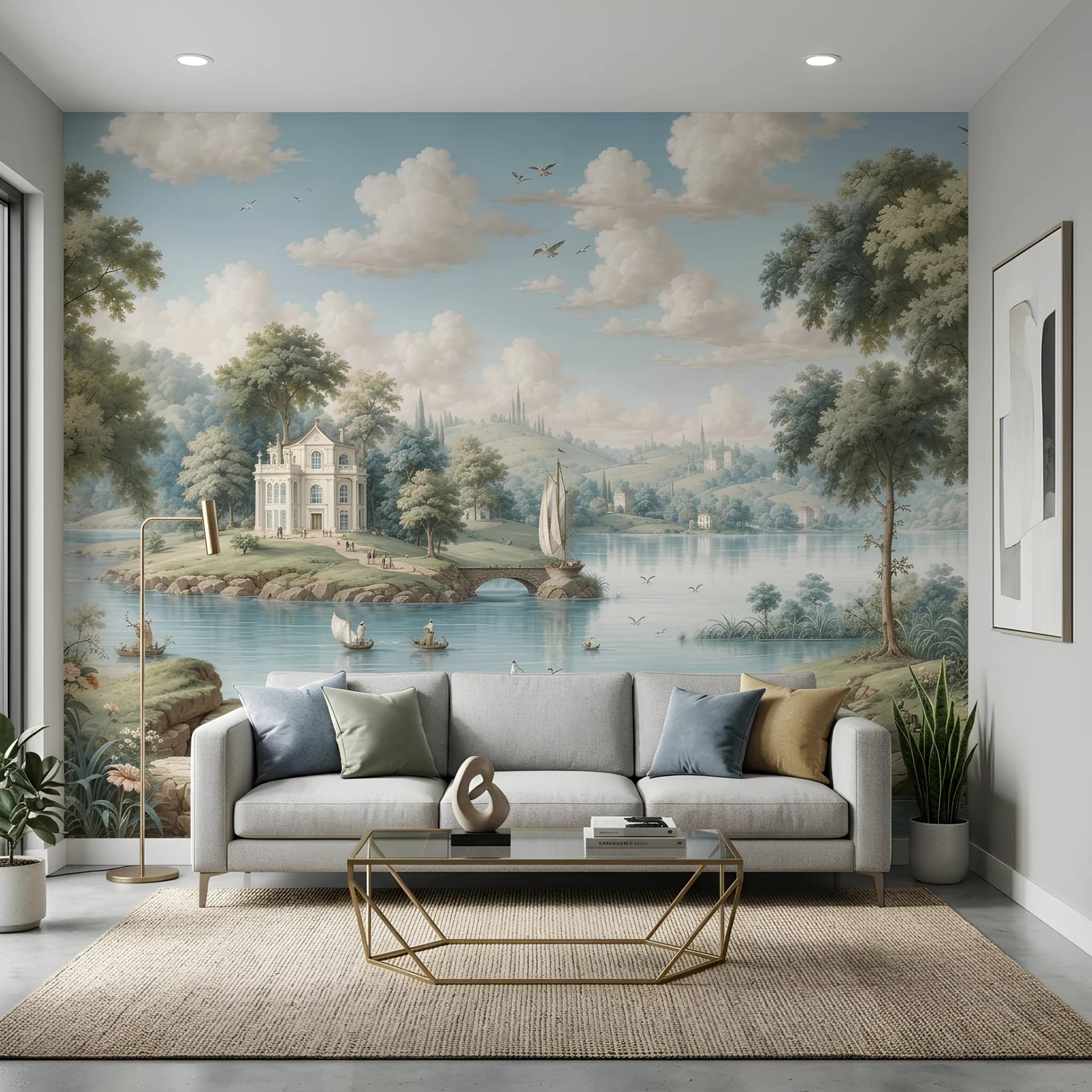 Salon duvar kağıdı — Romantik Manzaralı, Ağaç ve Kuş Desenli Salon için Duvar Kağıdı