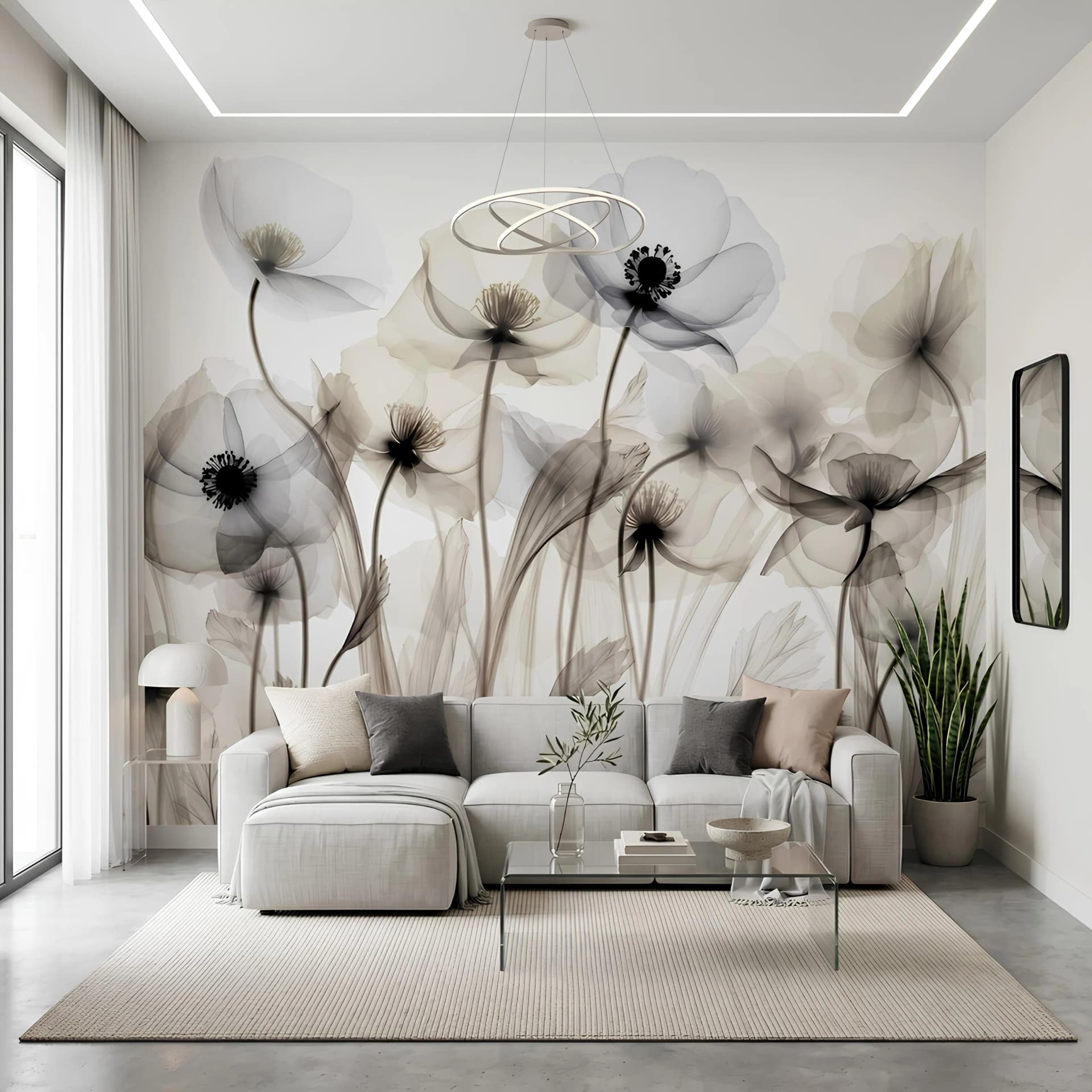 Salon duvar kağıdı — Şeffaf Çiçekler Röntgen Görünümlü Modern Duvar Kağıdı - Salon ve Yatak Odası