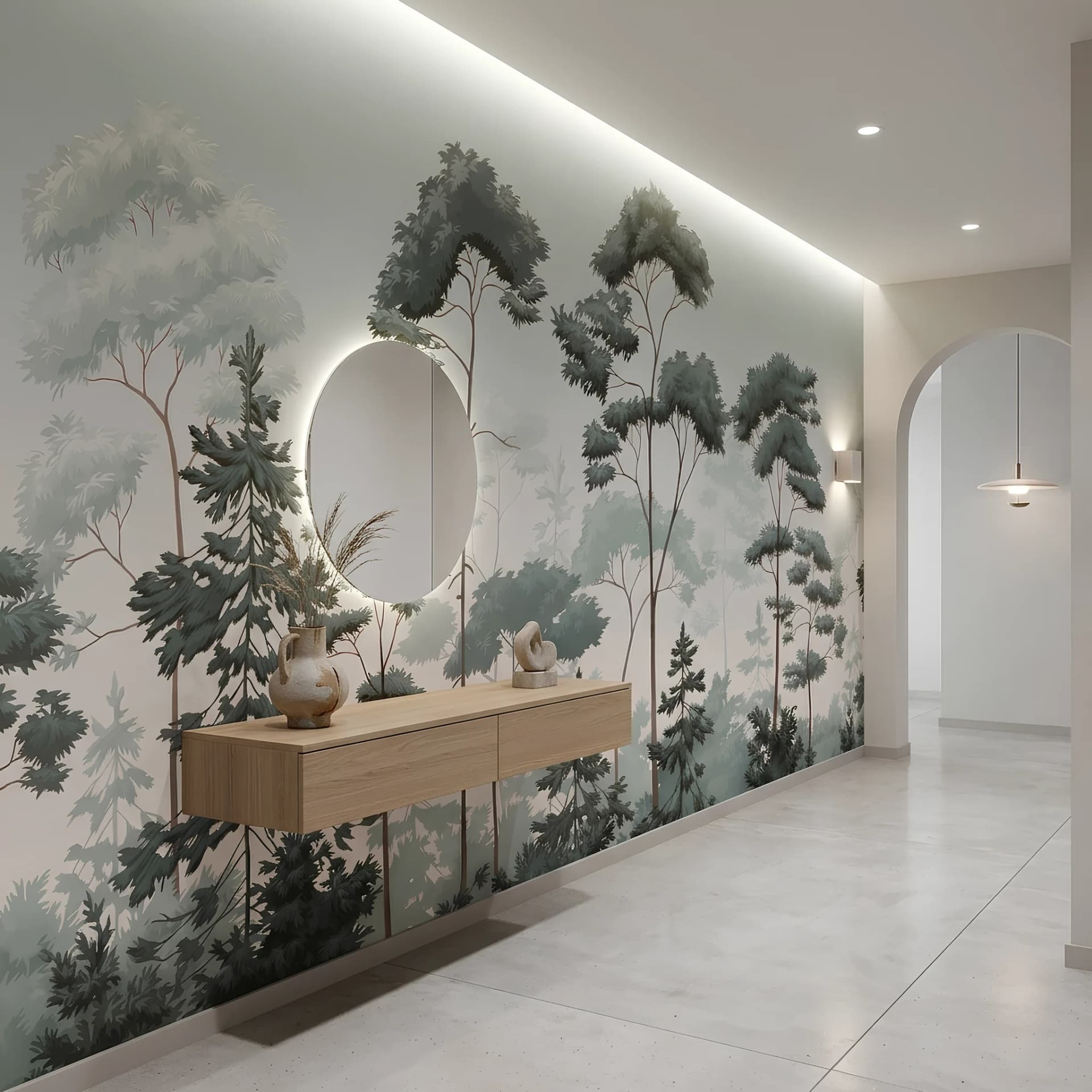 Salon duvar kağıdı — Sisli Çam Ağaçları Doğa Temalı Duvar Kağıdı