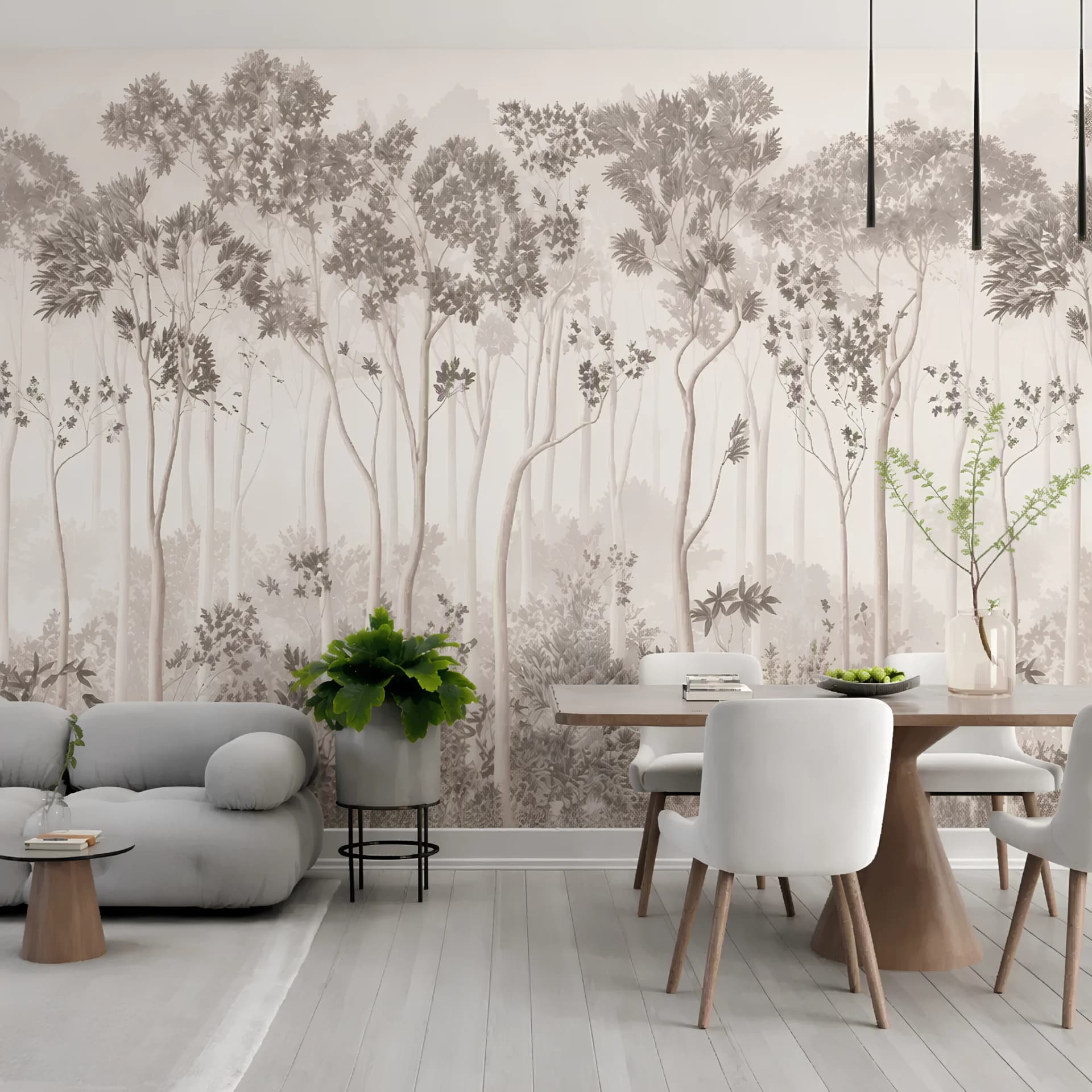 Salon duvar kağıdı — Sisli Orman Manzaralı Pastel Tonlu Silinebilir Duvar Kağıdı