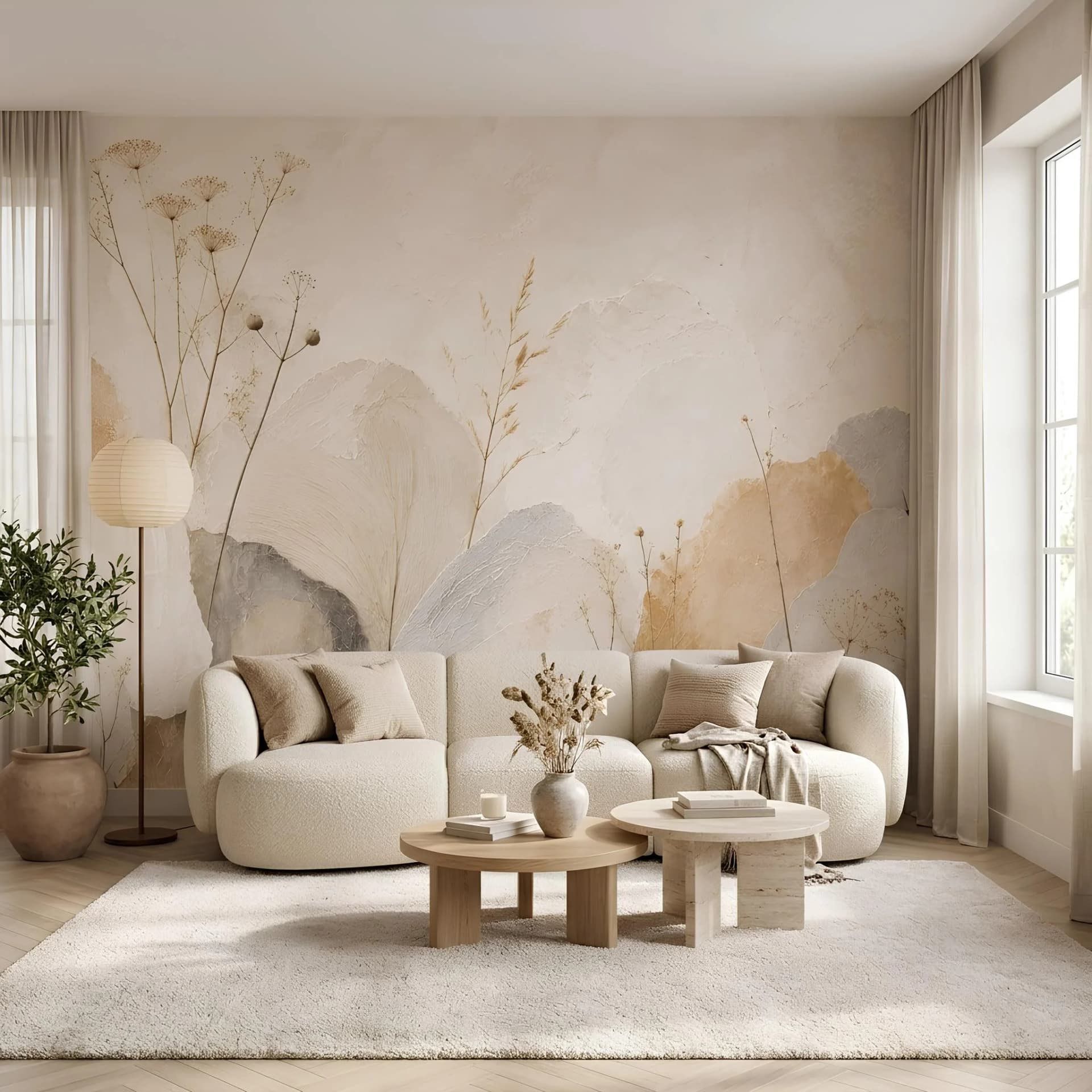 Salon duvar kağıdı — Soyut Bohem Doğa Desenli Bej Premium Tekstil Duvar Kağıdı