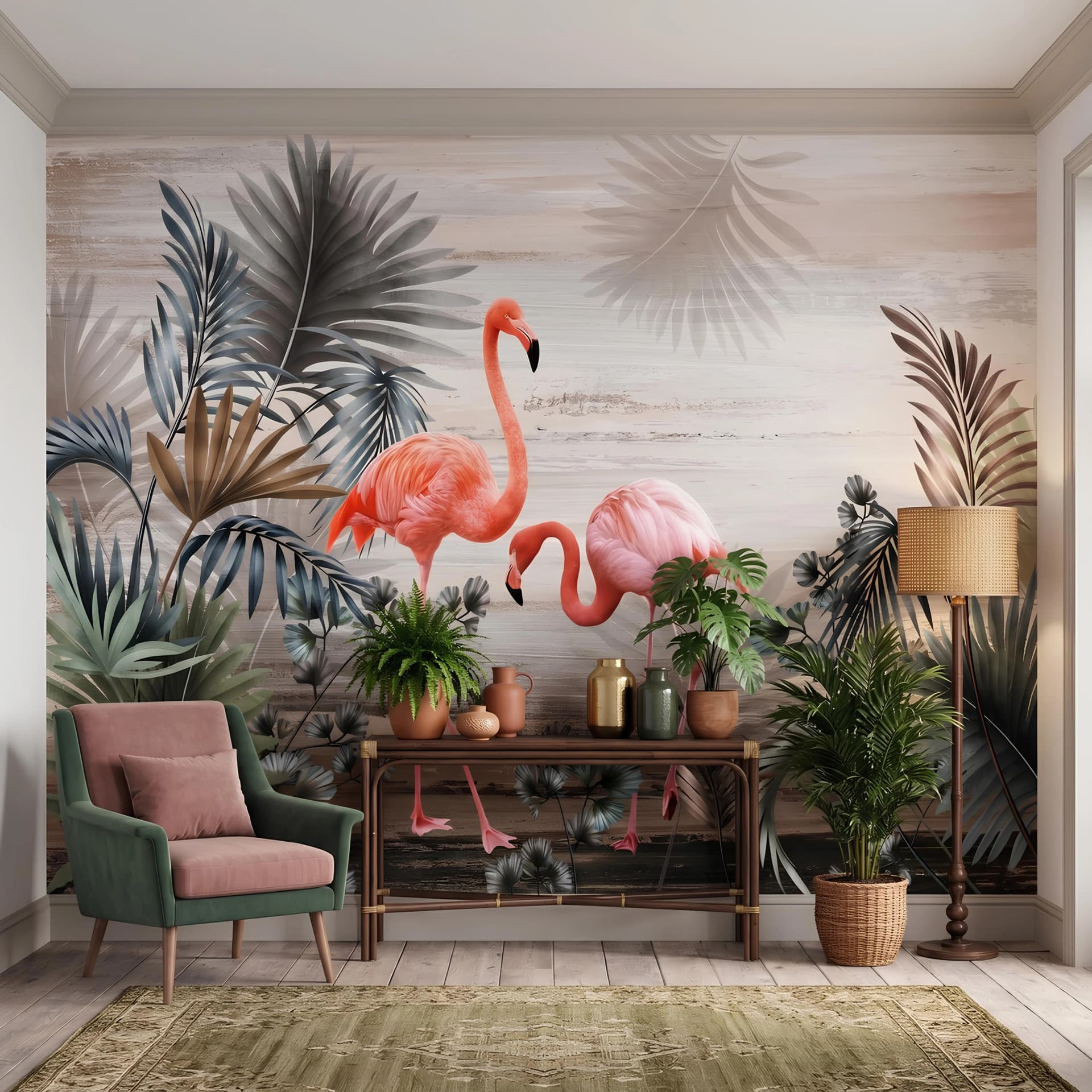 Salon duvar kağıdı — Tropikal Flamingo ve Palmiye Yaprakları Premium Tekstil Duvar Kağıdı