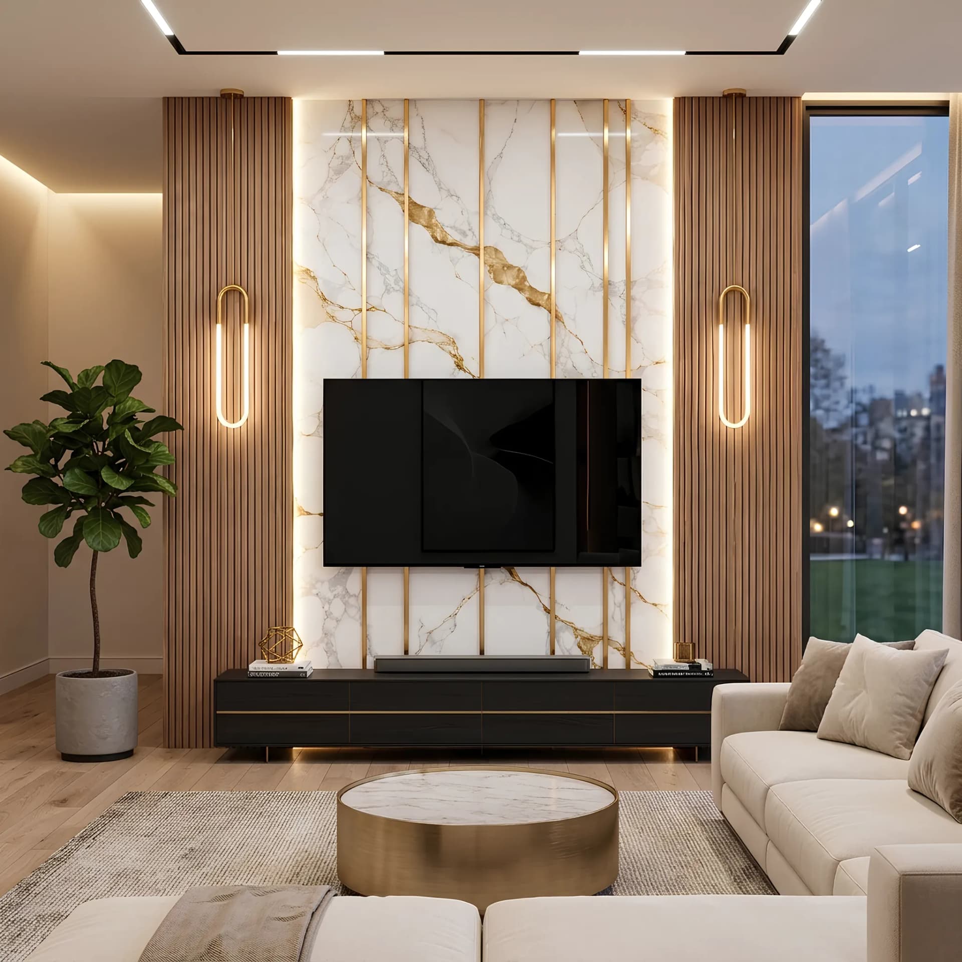 Salon duvar kağıdı — TV Ünitesi Arkası Ahşap Çıtalı Mermer Salon Duvar Kağıdı
