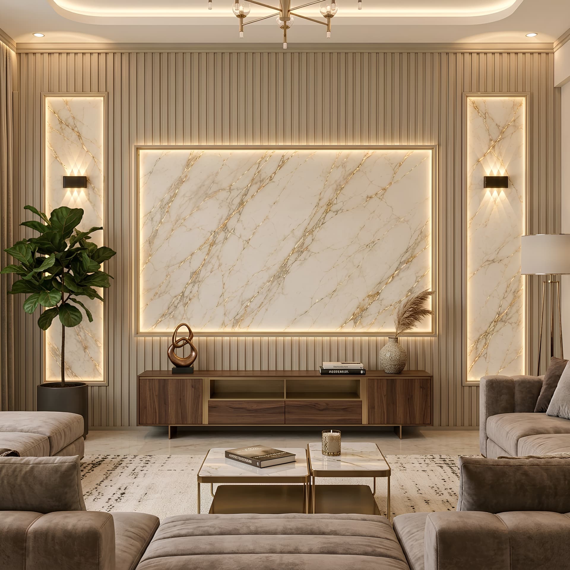 Salon duvar kağıdı — TV Ünitesi Arkası Modern Ahşap Panel ve Işıklı Mermer Efektli Duvar Kağıdı