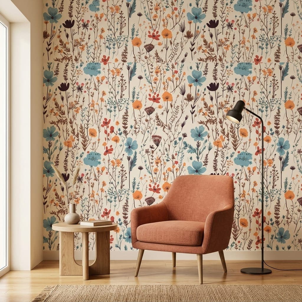 Vintage Tarzı Pastel Kır Çiçekleri Desenli Duvar Kağıdı