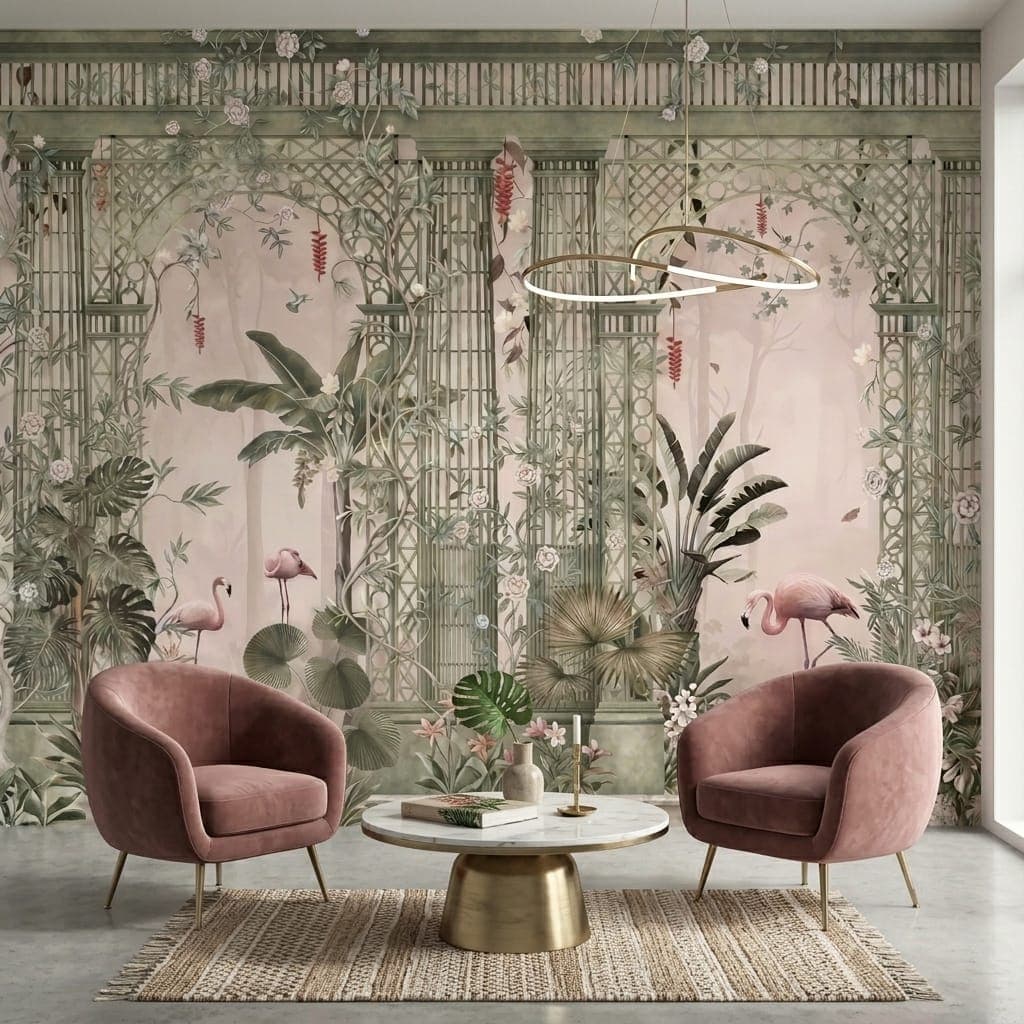 Vintage Tropikal Bahçe ve Flamingo Desenli Duvar Kağıdı