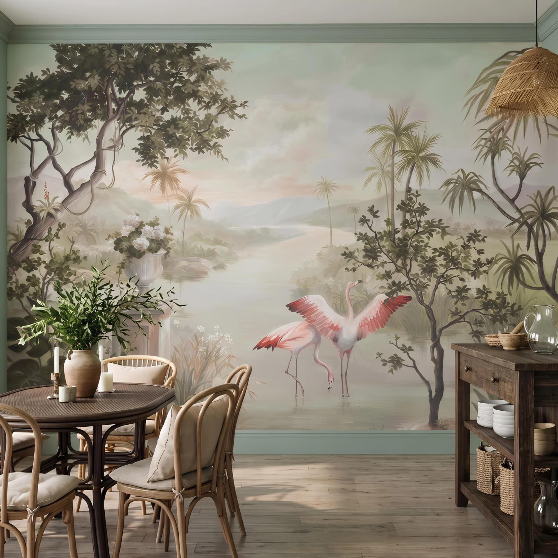 Salon duvar kağıdı — Vintage Tropikal Doğa Manzaralı Pembe Flamingo Desenli Salon ve Yatak Odası Duvar Kağıdı